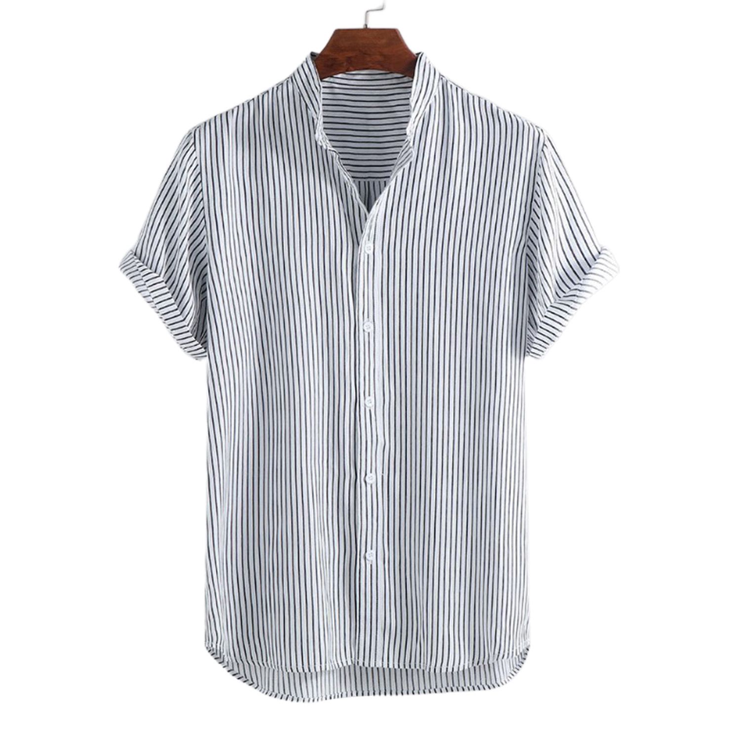 Men Shirt Striped Stand Collar Summer Short Sleeve Loose Top for Party
