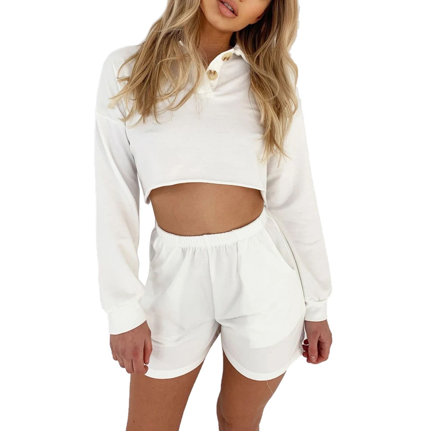 2021 Women's Clothing Set, Casual Long Sleeve Lapel Top and Shorts Two-piece Suit for Vacation Travelling