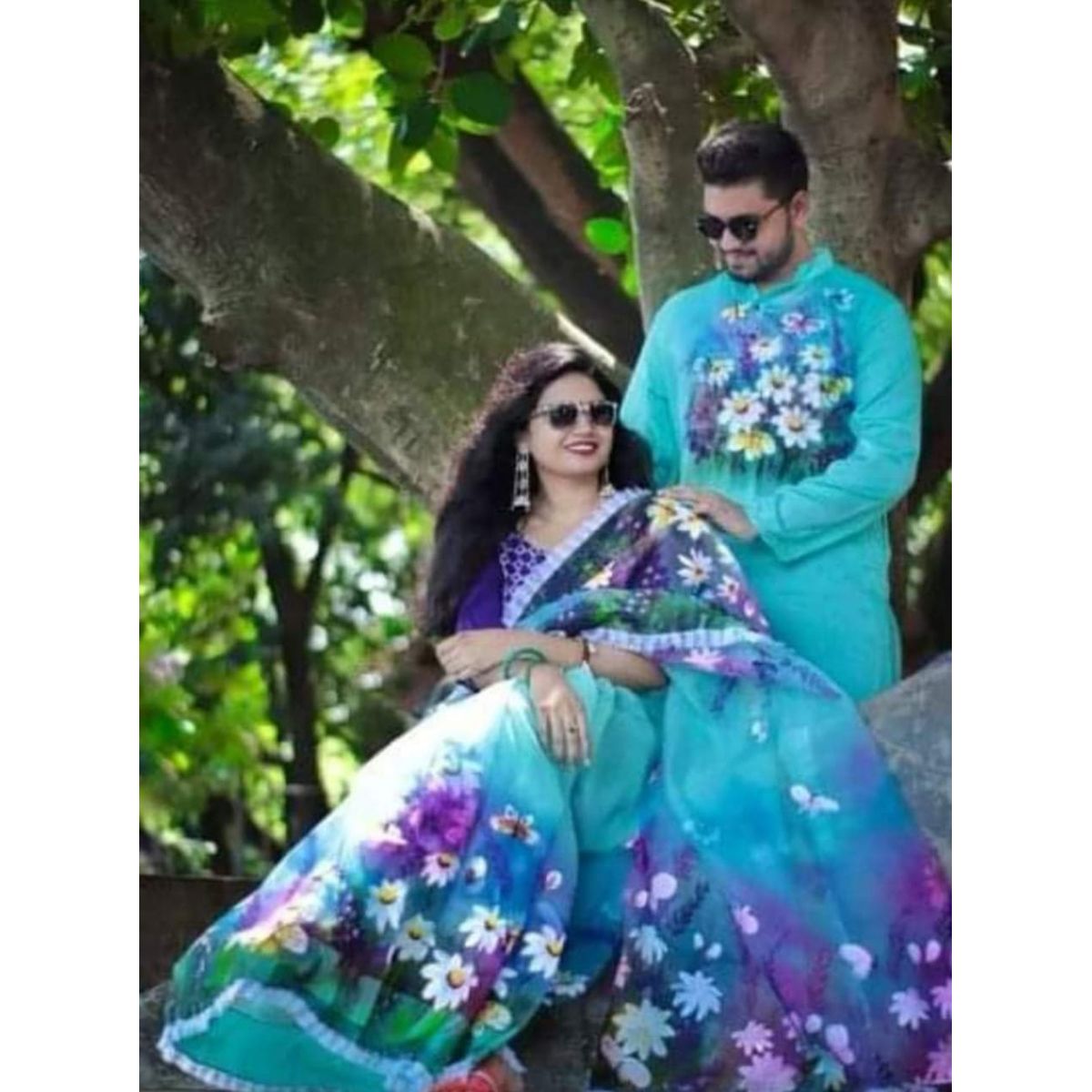 New Exclusive Design Blue Hand Print Half Silk Saree and Dupaiyan Panjabi couple Dress for Men and women
