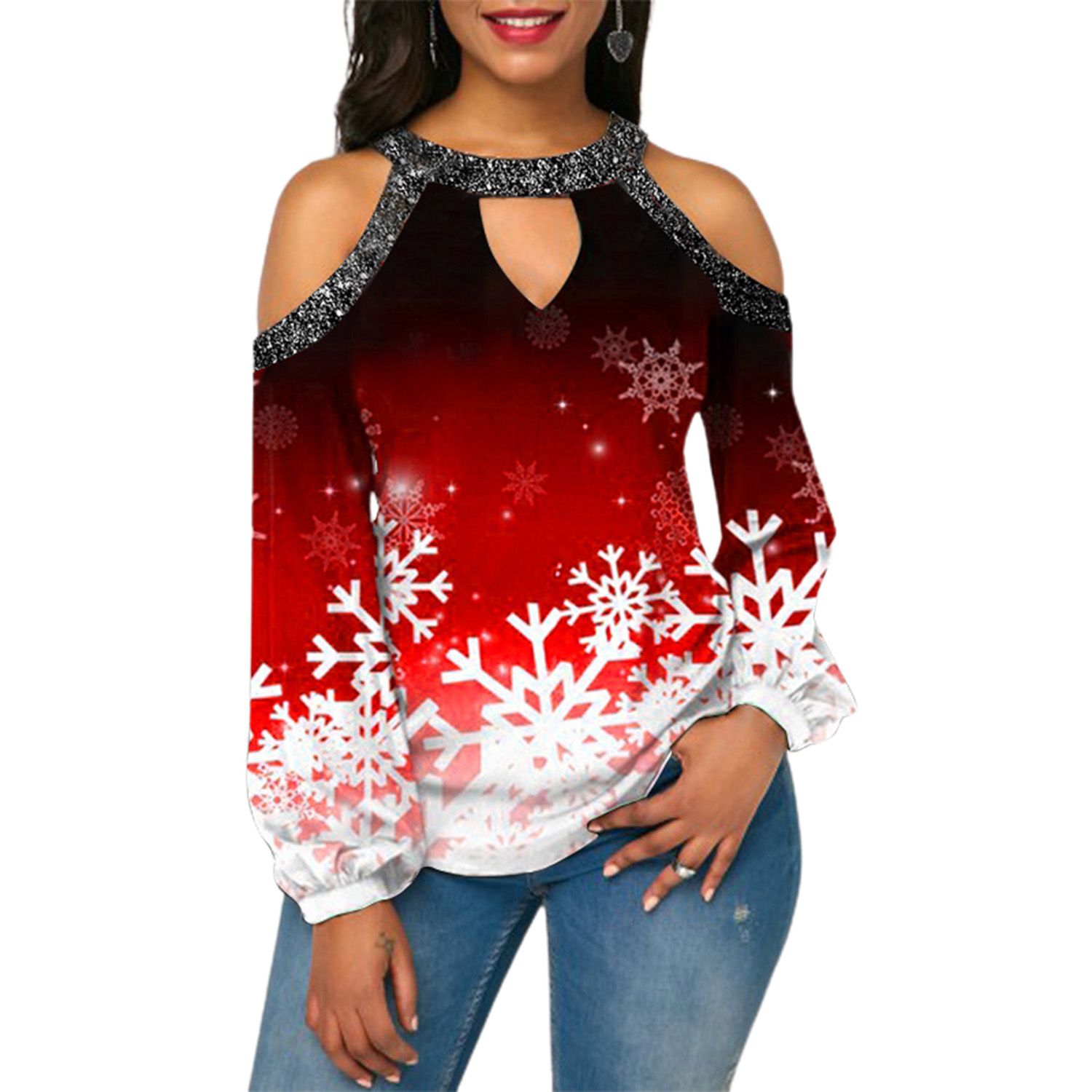 Pullover Blouse Round Neck Santa Claus Print Casual Blouse
