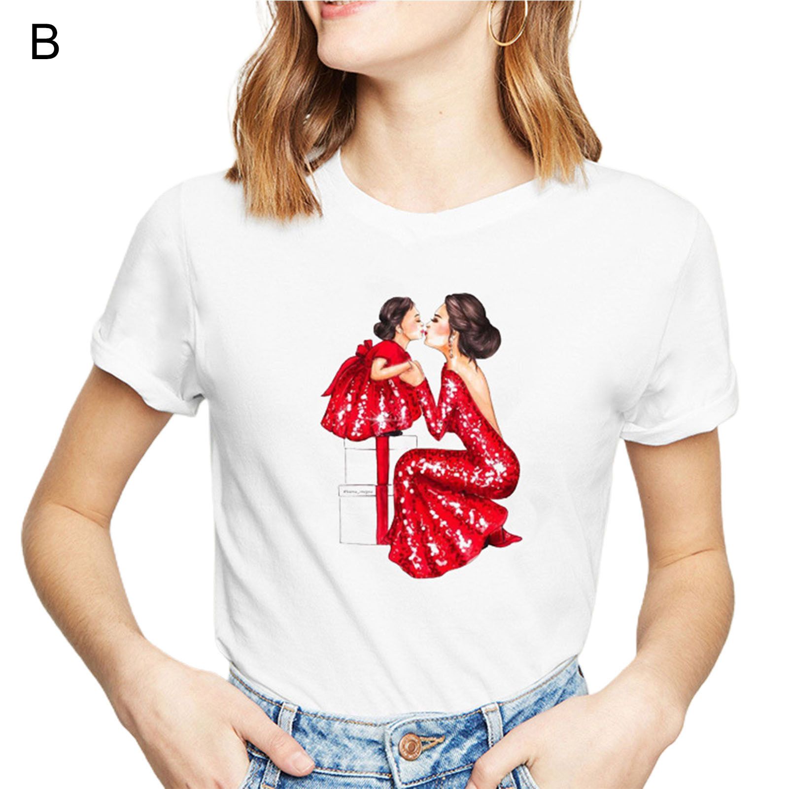 Women T-shirt Mother Child Slim-fitting Crew Neck Blouse