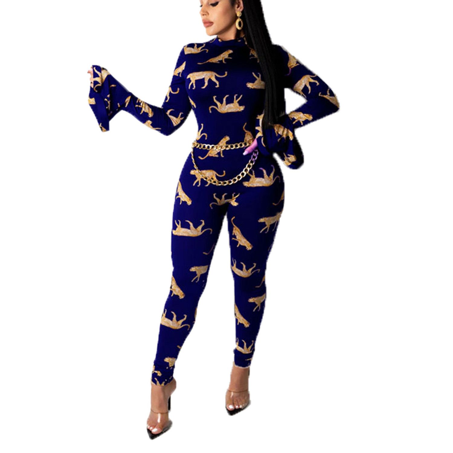 2021 Women Animal Print Jumpsuit, Autumn Backless Flare Long Sleeve Round Neck Romper