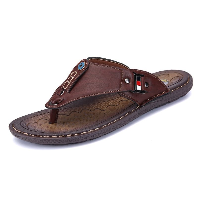 2021 Summer Beach Men Flip Flops Pu Leather Slippers Male Flats Sandals outdoor Rubber Thong Beach Shoes Men Leather Brand New