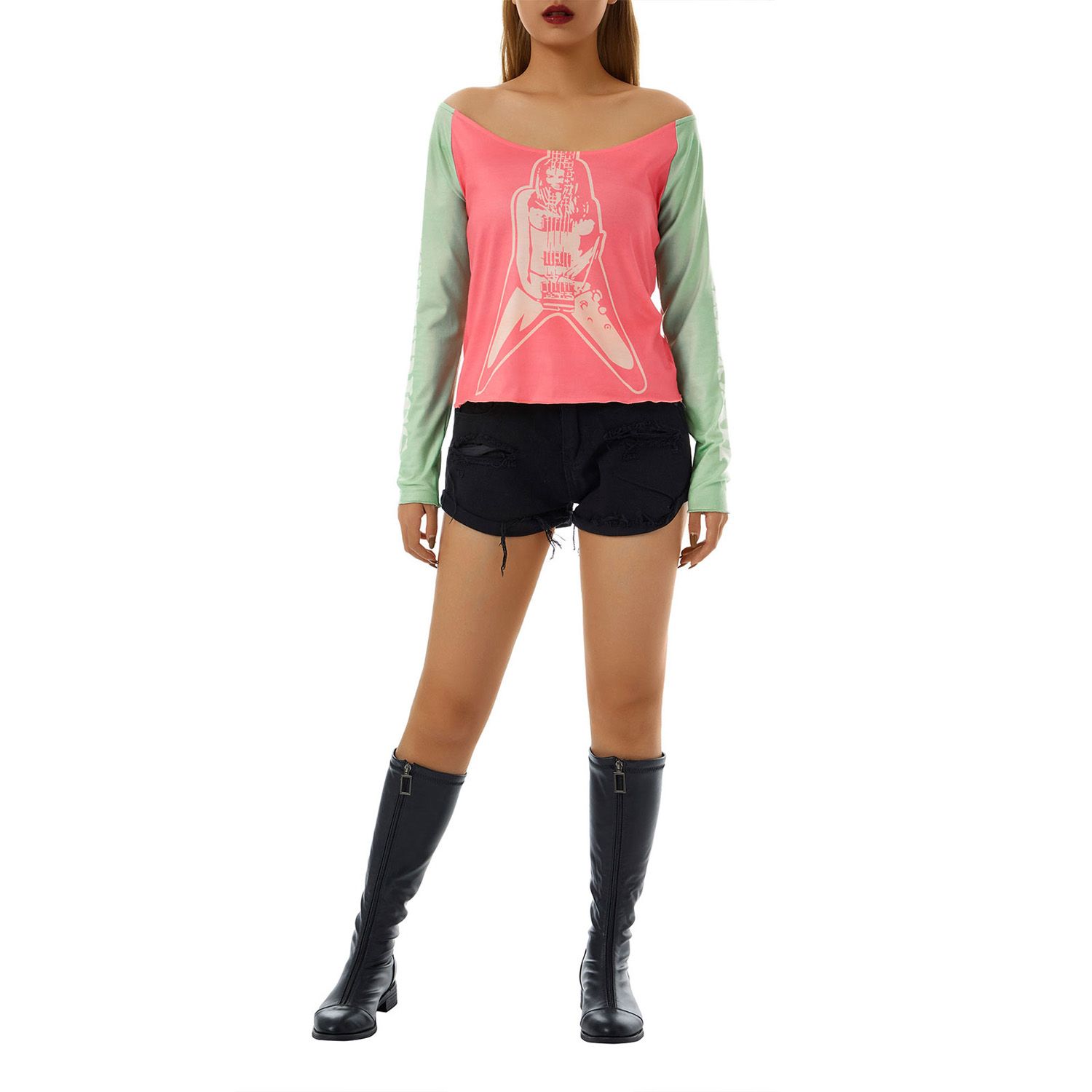 Women's Portrait Print Tops, Long Sleeve Off Shoulder Slim Fit Patchwork T-Shirts