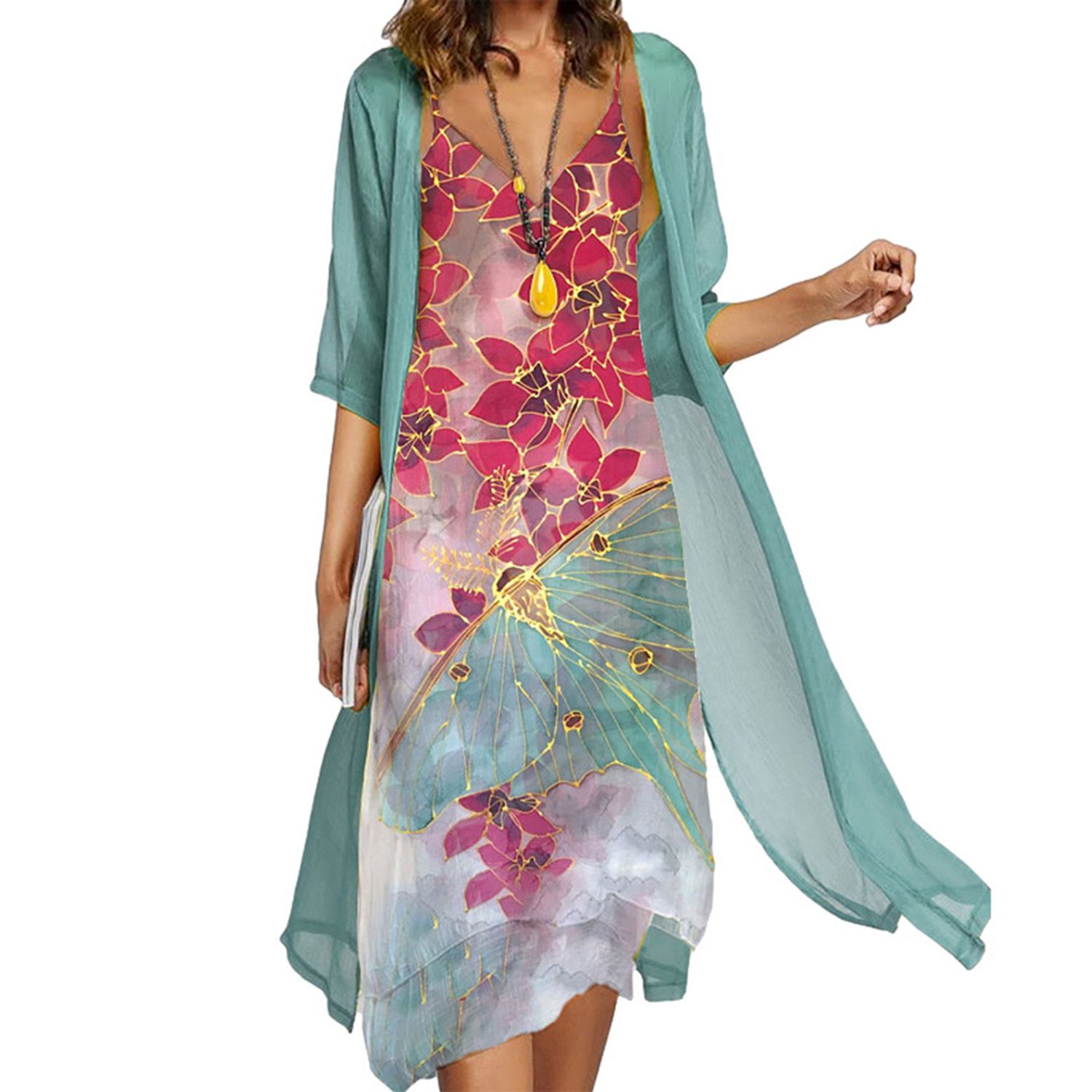 Cardigan Dress Set Floral Print Chiffon Loose-fitting Dress