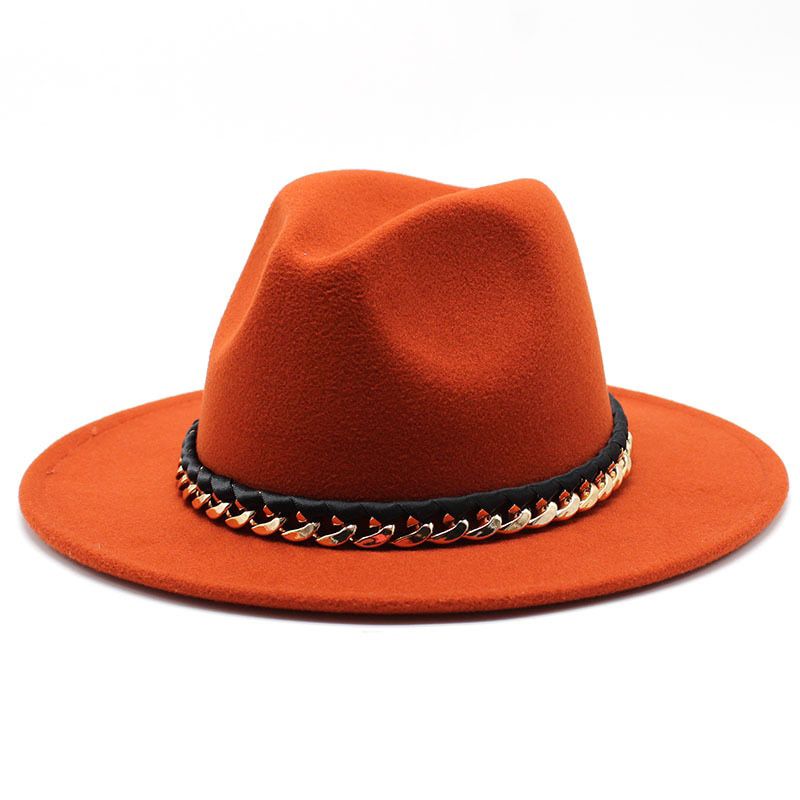 Fashion Iron Chain Felt Fedora Mens Jzz Hats Gentleman Cotton Winter Women Yellow Purple Wide Brim Top Hat Chapeau Femme 18color