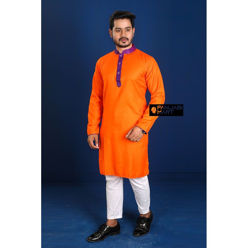 Orange & Neck Purple bubble Color Silk Semi Long Panjabi