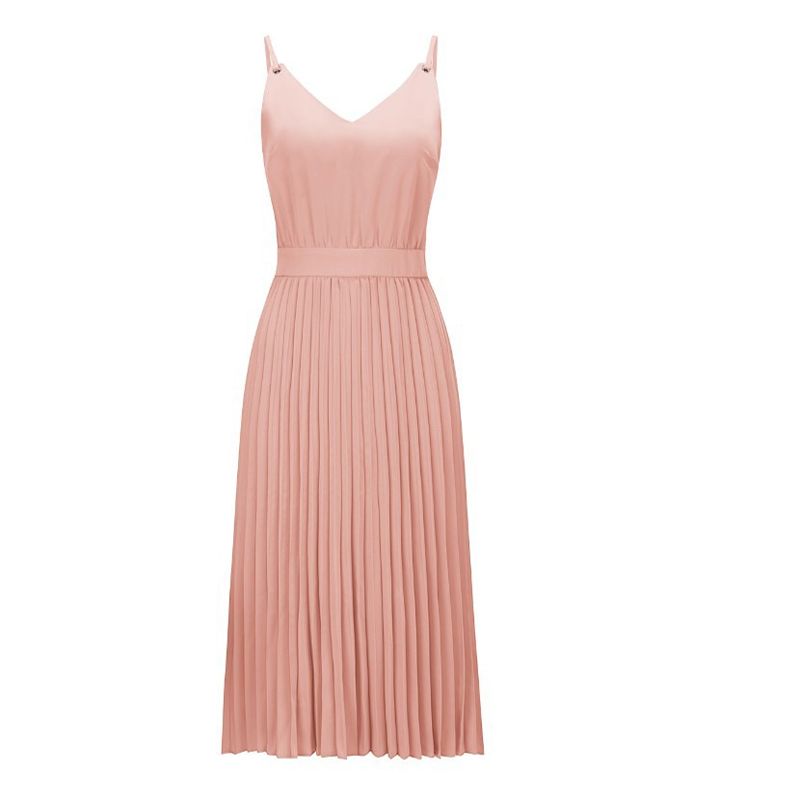 2021 Sexy Women Summer Sexy Dress Spaghetti Strap Dress V-Neck Pink Female Pleated Midi Dress Casual Office Ladies Party Dresses