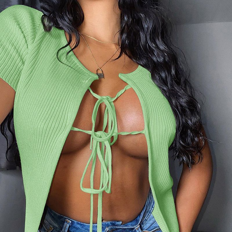 Cropped Top Lace up Short Sleeve Hollow out Front Split Hem O-Neck Slim Women Summer New Streetwear