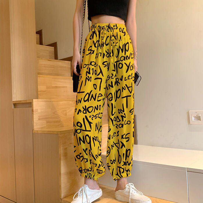 Plus Size Women Sports Casual Pants Spring Summer Loose High Waist Printing Drape Ankle-Length Pants Female Sweatpants
