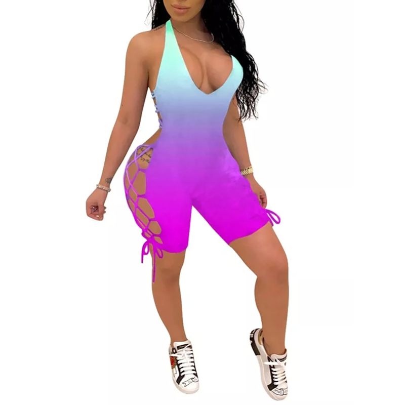Women Gradient Color Jumpsuit Sleeveless Lace-Up V-Neck Shorts Summer Bodycon Rompers (S/M/L/XL)