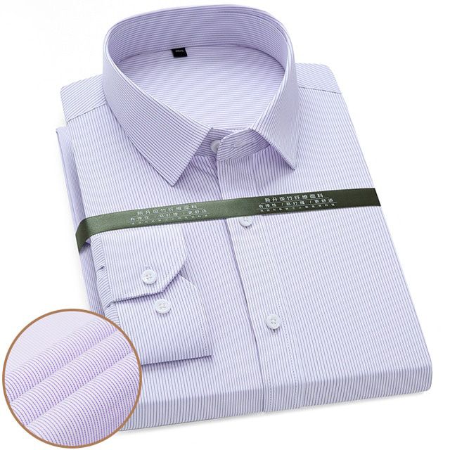 Men's Classic Spread-collar Long Sleeve Striped Dress Shirts Pocketless Formal Business Standard-fit Wrinkle Free Office Shirt