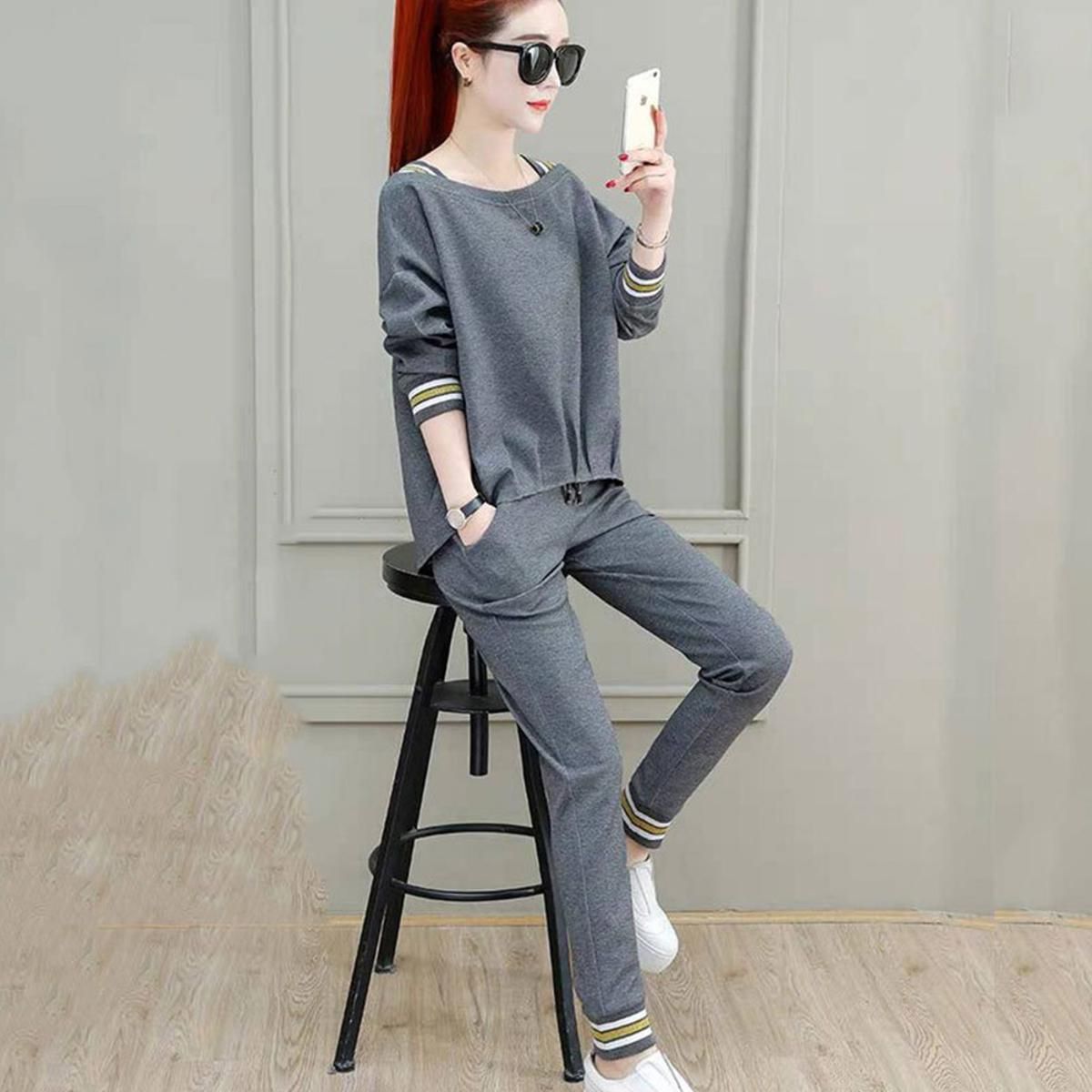 Women Autumn Casual Loose hin Long Sleeve op + wo-piece Sports Suit Outfit