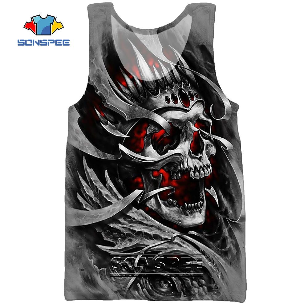 SONSPEE 3D Print Skull Head Men's TaTops Casual Hop Fitness Bodybuilding Gym Muscle Men Sleeveless Large Cool Vest Shirt
