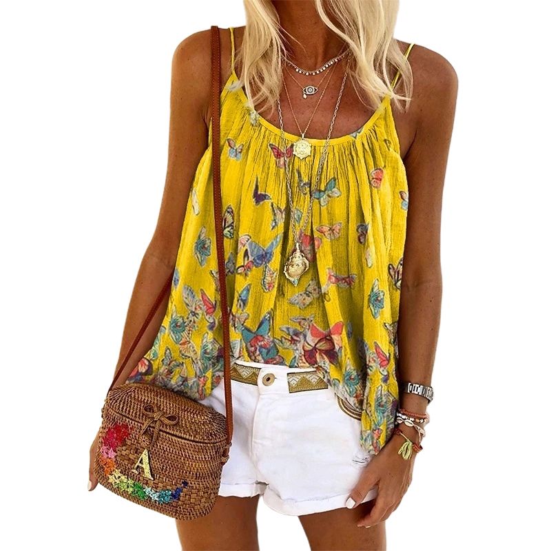 New Women's Plus Size Loose Vest Butterfly Print Sling Top Suitable for Summer Vacation (S/M/L/XL/XXL)