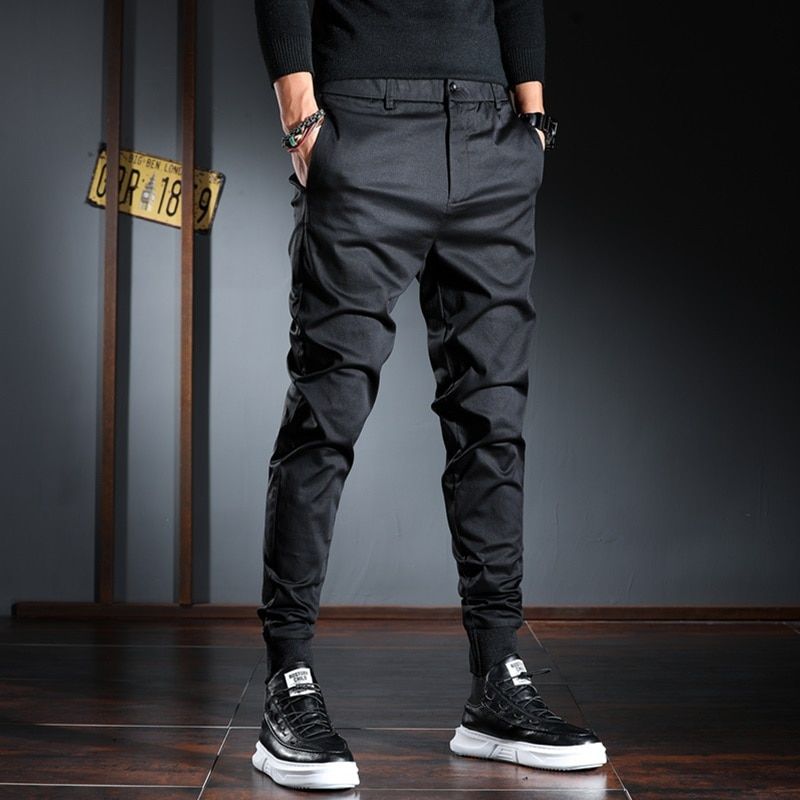 Men Casual Pants Korean Streetwear Black Stretch Slim Fit Trousers