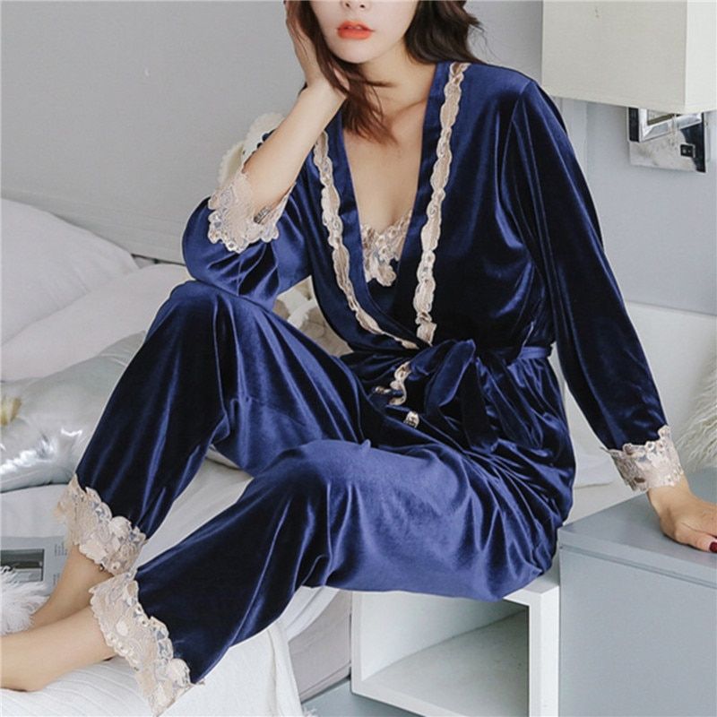 Autumn Winter Warm Pajamas Set Women Sleep Set Deep Gold Velvet y Homewear Sleepwear Pajama Sets Long Pant Robe Nightdress