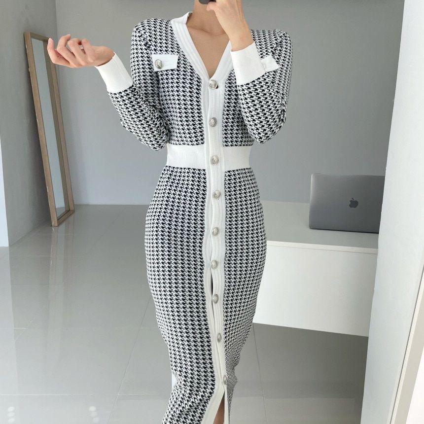 SMTHMA 2021 New Autumn Winter V-Meck Sweater Dress Korea Chic Single-ed Houndstooth Knit Long Dress Vestidos