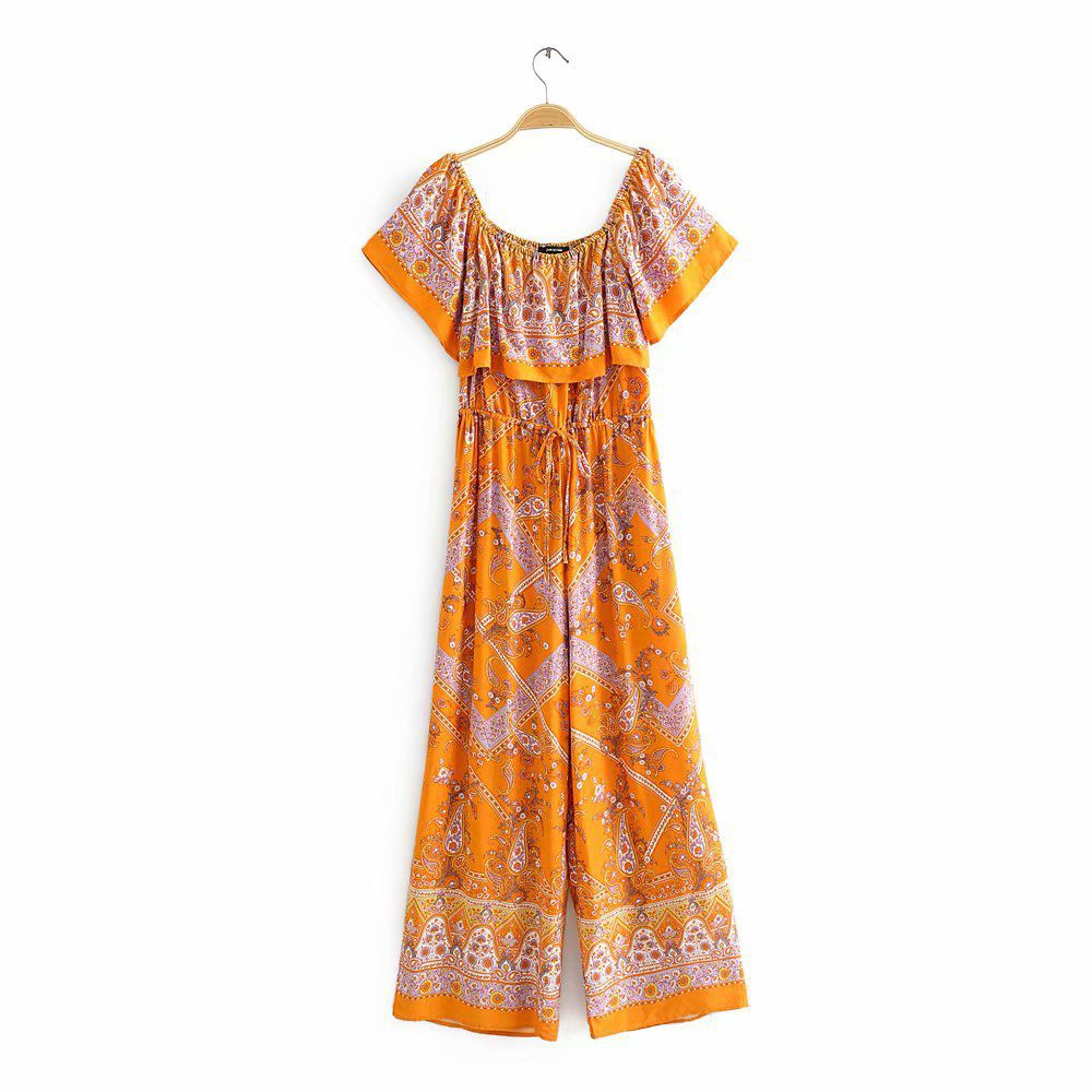 Sexy Print Wide-leg Trousers Off-the-shoulder Jumpsuit Women Fashion Lace-up Clothes