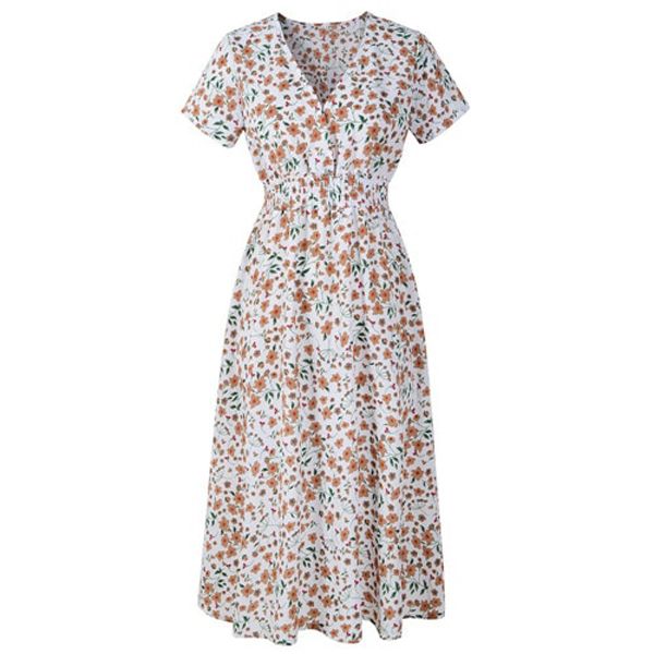 Casual Elastic Waist Boho Dress Women Beach Summer Dresses Floral Print Vintage Chiffon Midi Dress Vestido de Festa