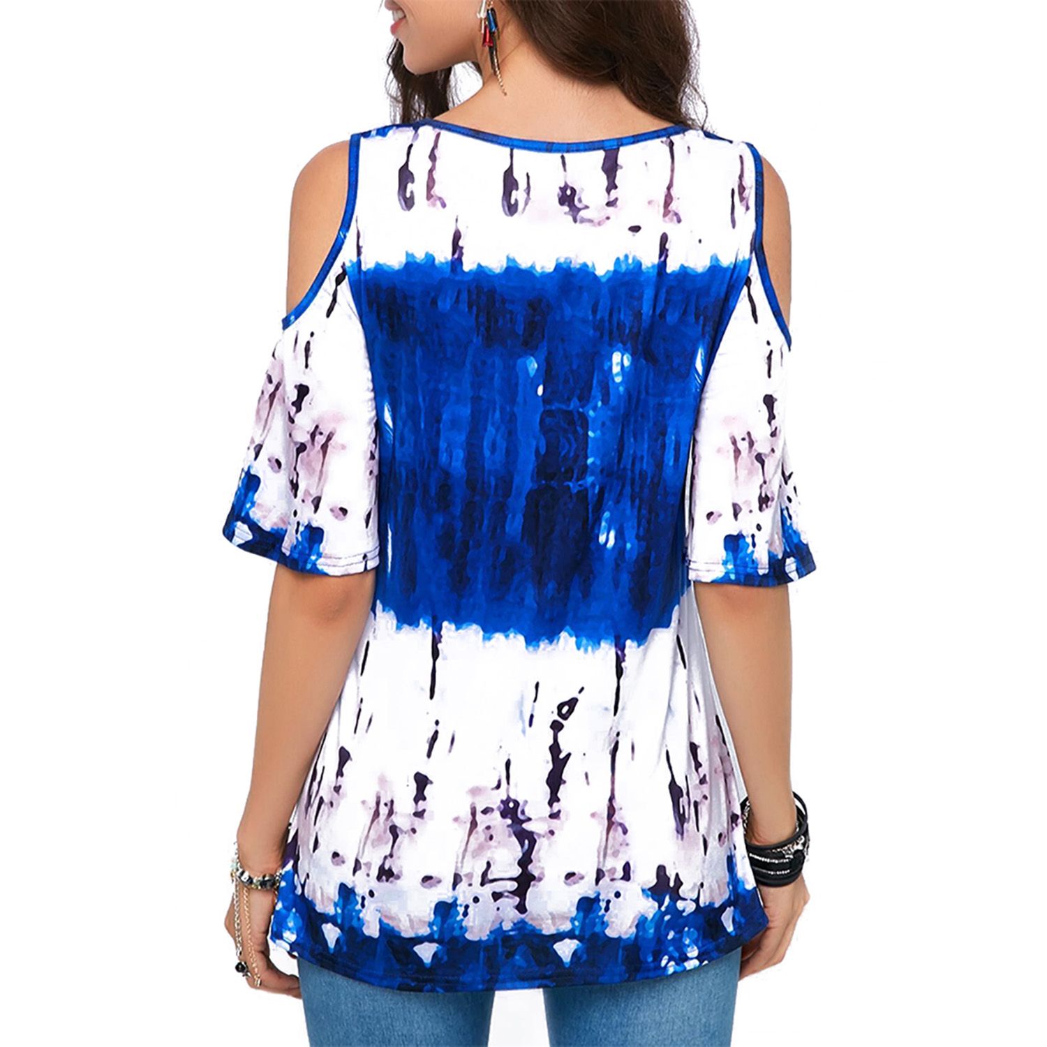 New Women Loose Print Tops, Cold Shoulder Criss Cross V Neck T- shirt Summer Casual Blouse