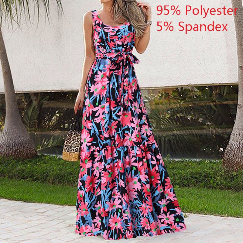 Celmia 2021 Summer Bohemian Long Dress Women  Party Maxi Sundress Sleeveless Floral Print Casual Ruffles Belt Beach Vestidos