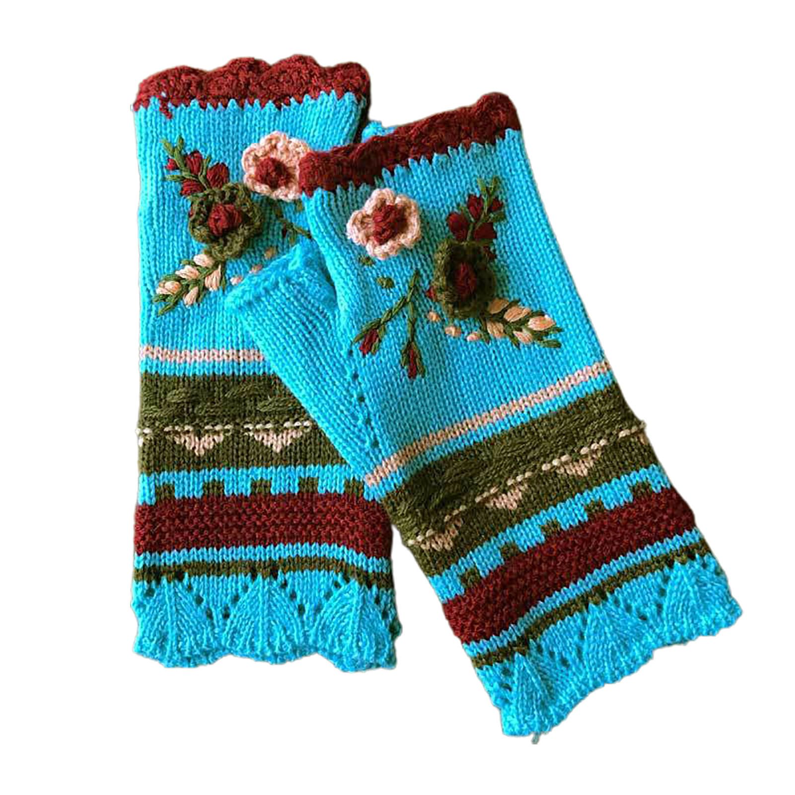 Knitted Gloves Thick Multicolor Floral Embroidery Girls Gloves