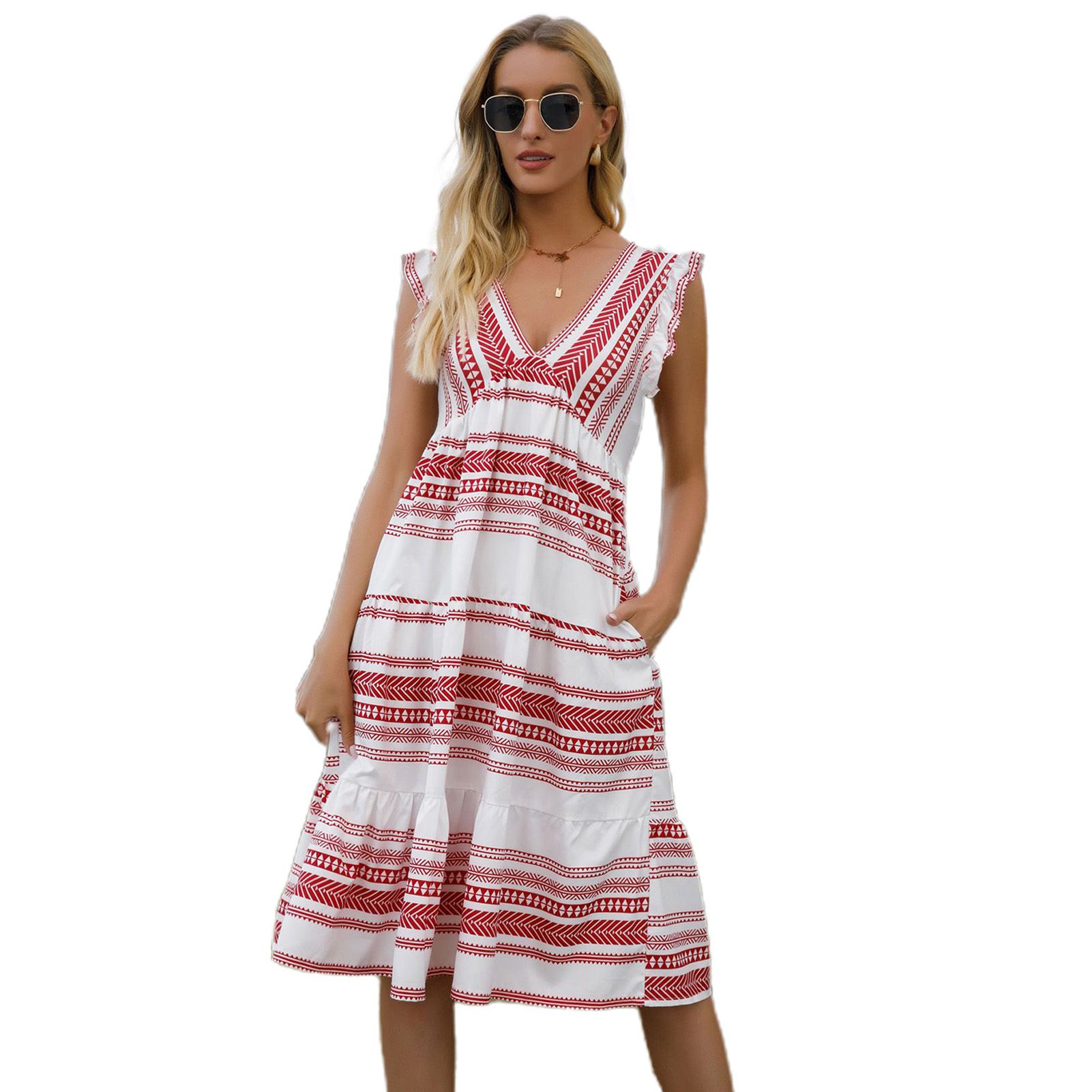 Bohemian Dress Stripe V Neck Sleeveless Ruffles Women Cupcake Dress Vacation Beachwear