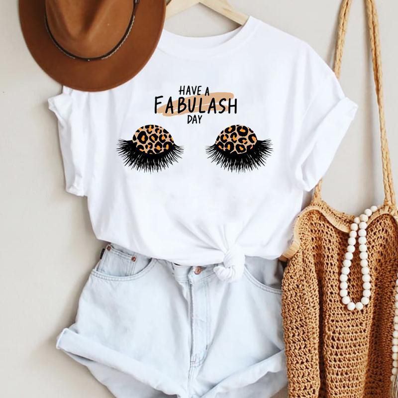 2021  Women Make Up Letter Funny New Eye Eyelash Fashion Cartoon Summer Lady Print Tee Stylish T Top  Tshirts Clothes T-Shirt