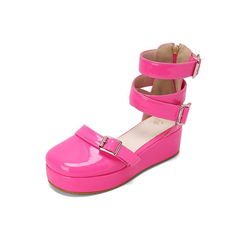 Oversized Shiny Patent Ankle Strap Style Women's Sandals Platform Flat Breathable Belt Buckle Summer Sandals