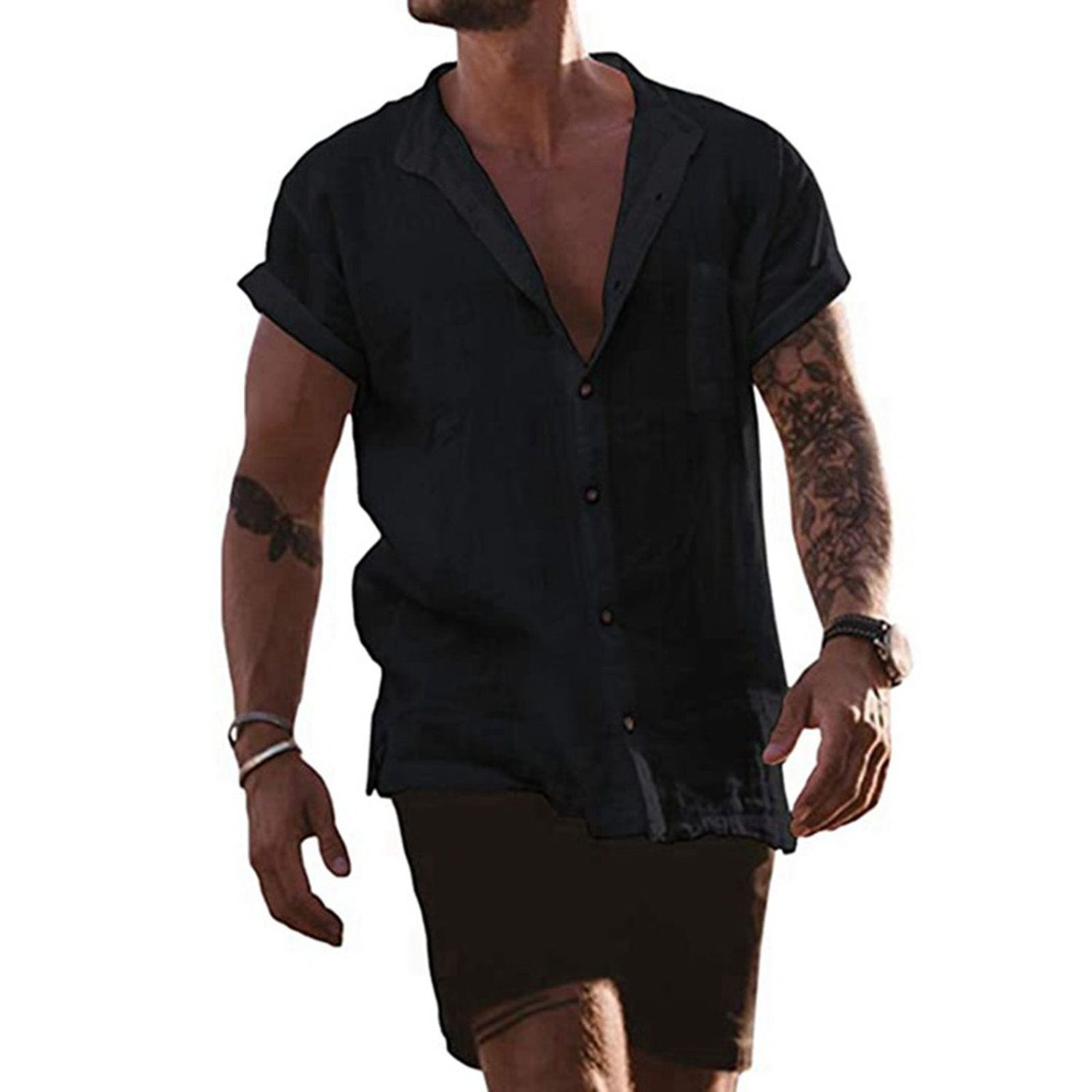 Short Sleeve Beach Shirt Stand Collar Solid Color V Neck Pockets Men Shirt T-shirt for Beach