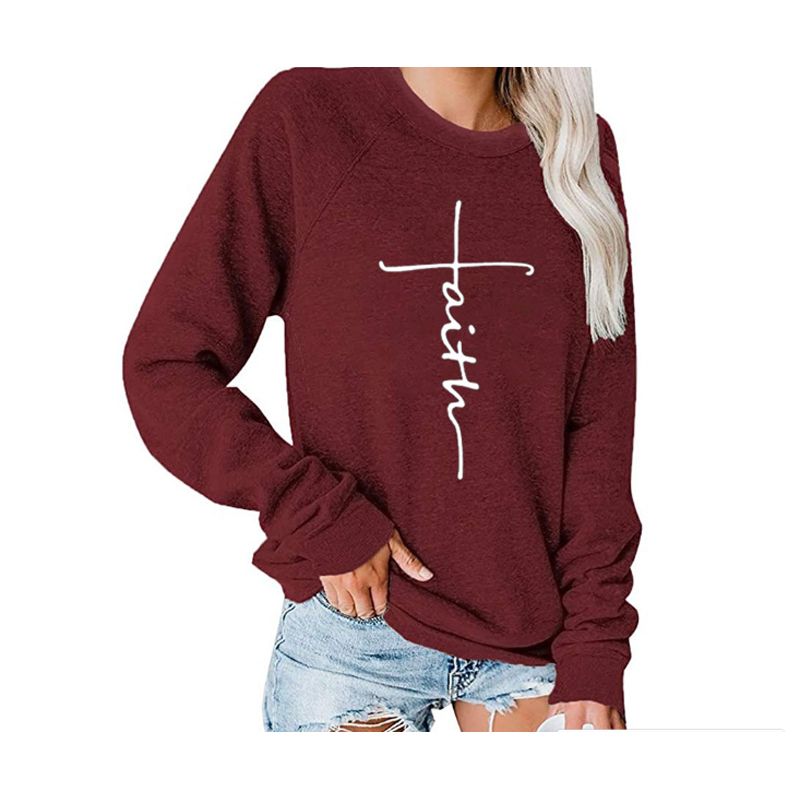 Women Fashion Long Sleeve Letter Print Top Casual Round Neck Pullover Top for Ladies