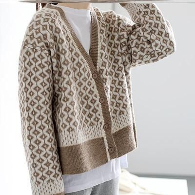 Yfashion Women's Coat Loose Contrast Color V-neck hicken Long-sleeve Knitted Cardigan color