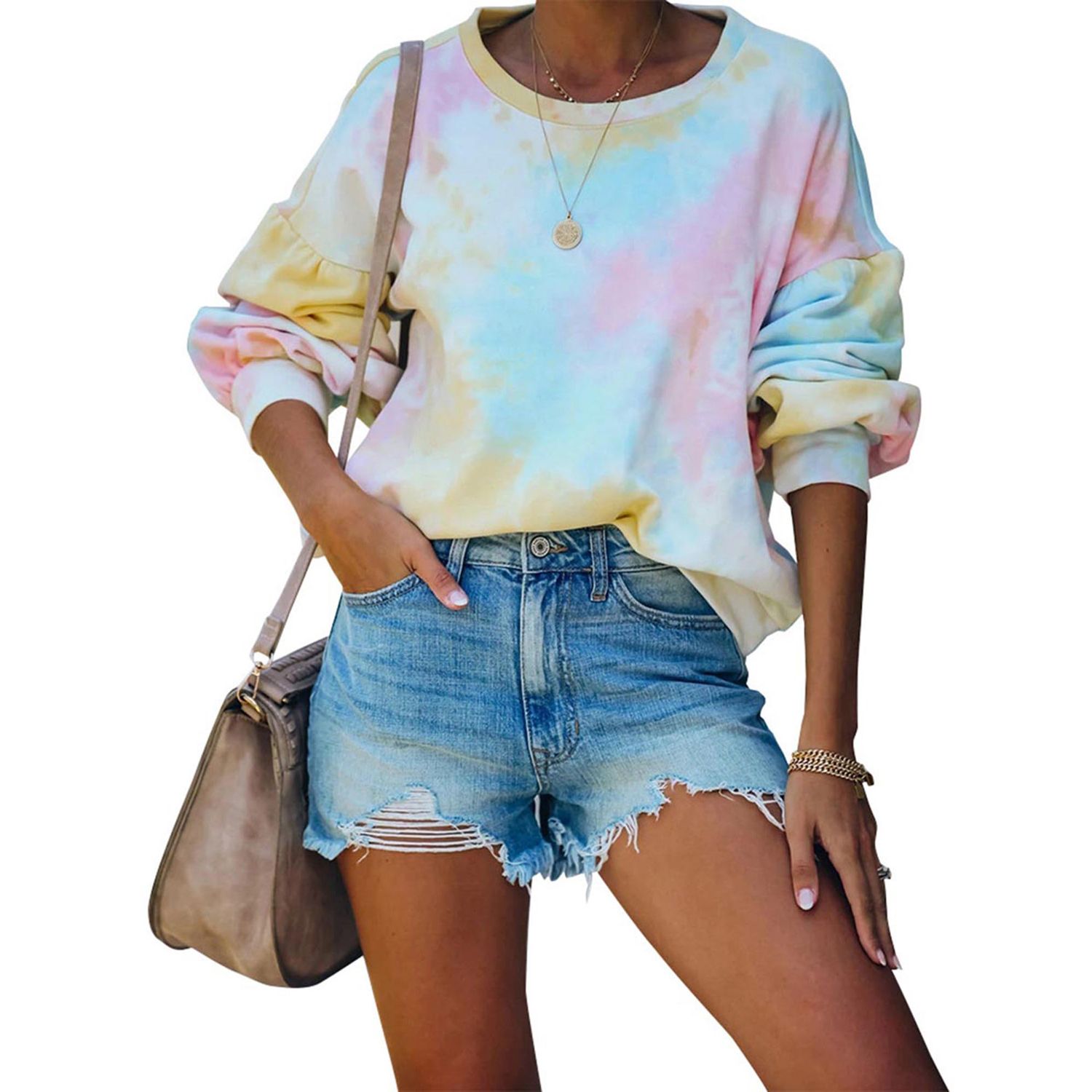 New Women Long Sleeve Tie-dye Print Top Fashion Round Neck Loose Tops for Women Ladies