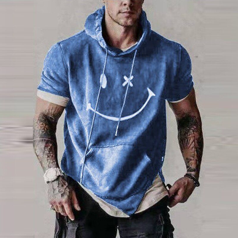 Spring Smile Print Hooded Sweatshirt Fashion Summer Men's Short Sleeve Tops Pullover Casual Male Loose Harajuku Street Hoodies