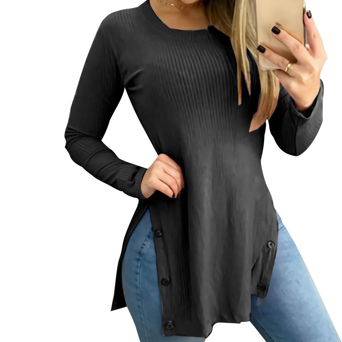 Women Top Round Neck Pure Color Slim-fitting Blouse