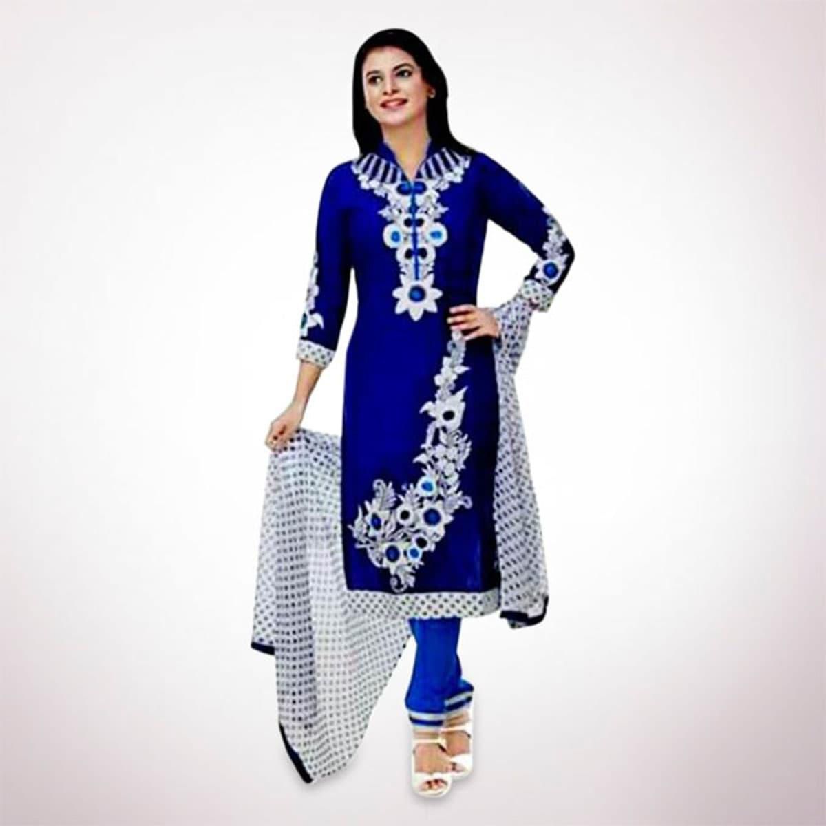Exclusive Unstiched Blue Cotton Block Printed Salwar Kameez For Women