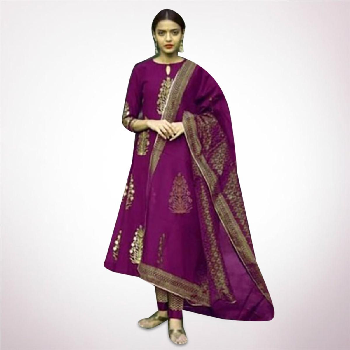 Exclusive Unstitched Purple cotton Screen Printed Salwar Kameez For Women