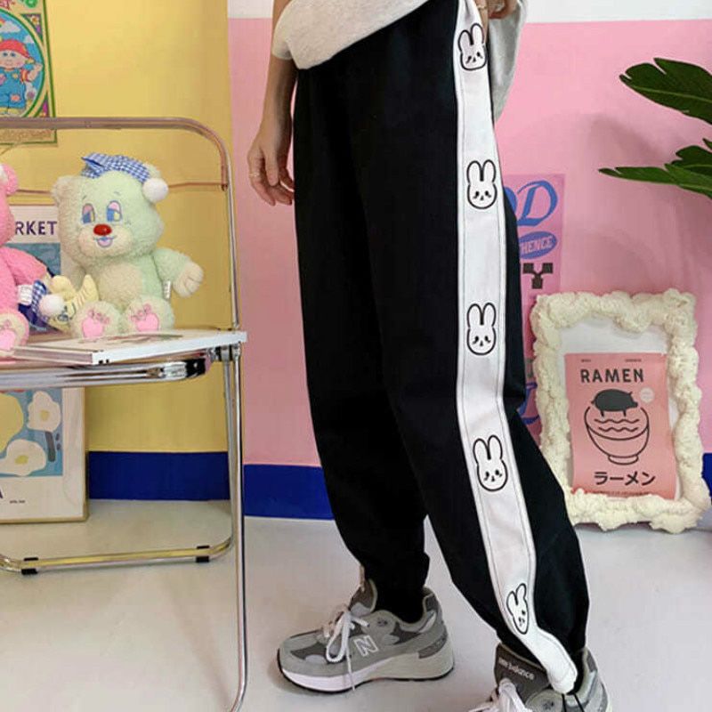 Kawaii Wide Leg Pant Spring Fashion Rabbit Print Trousers Women Korean High Waist Pink Cute Casual Pants Women