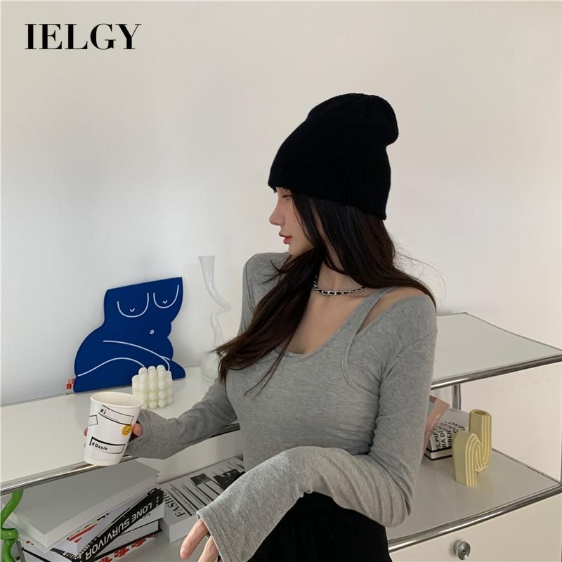 IELGY Women's clothes All-match Black Long sleeves Retro Slim T-shirts Solid colors Tops Short