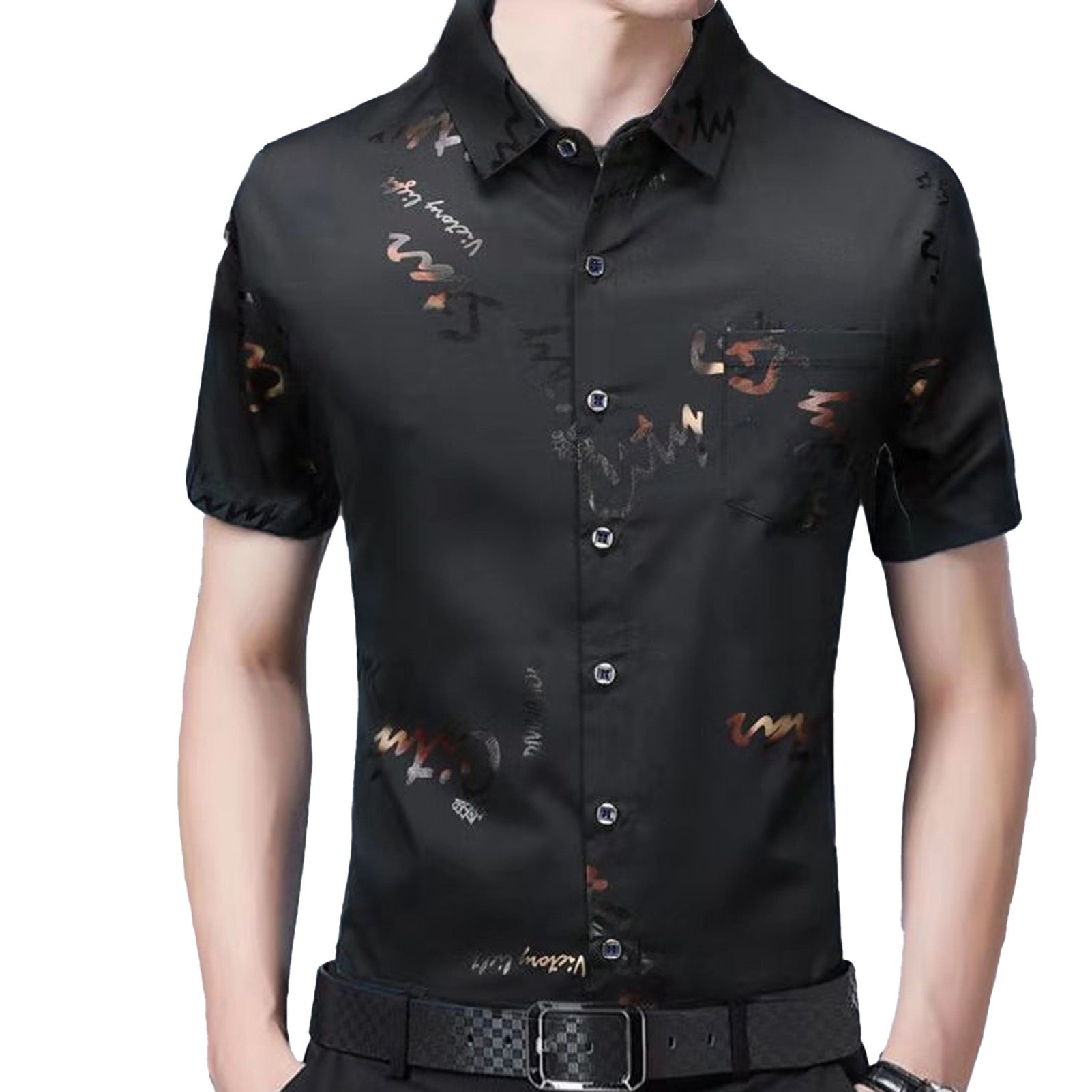 Men Social Shirt Letter Pocket Summer Turndown Collar Slim Top for Party