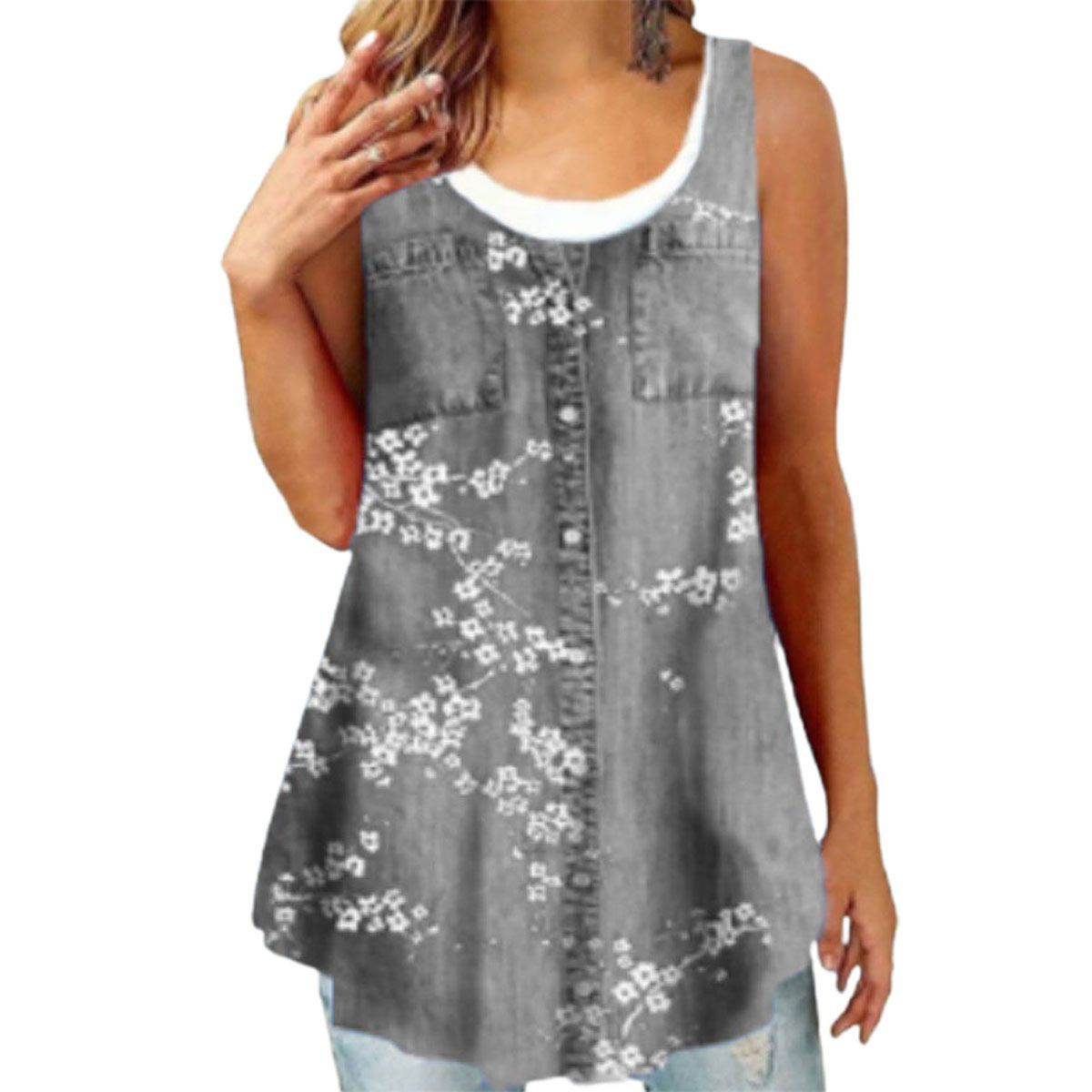 Women Vest Pockets Lady Casual Floral Print Loose Vest