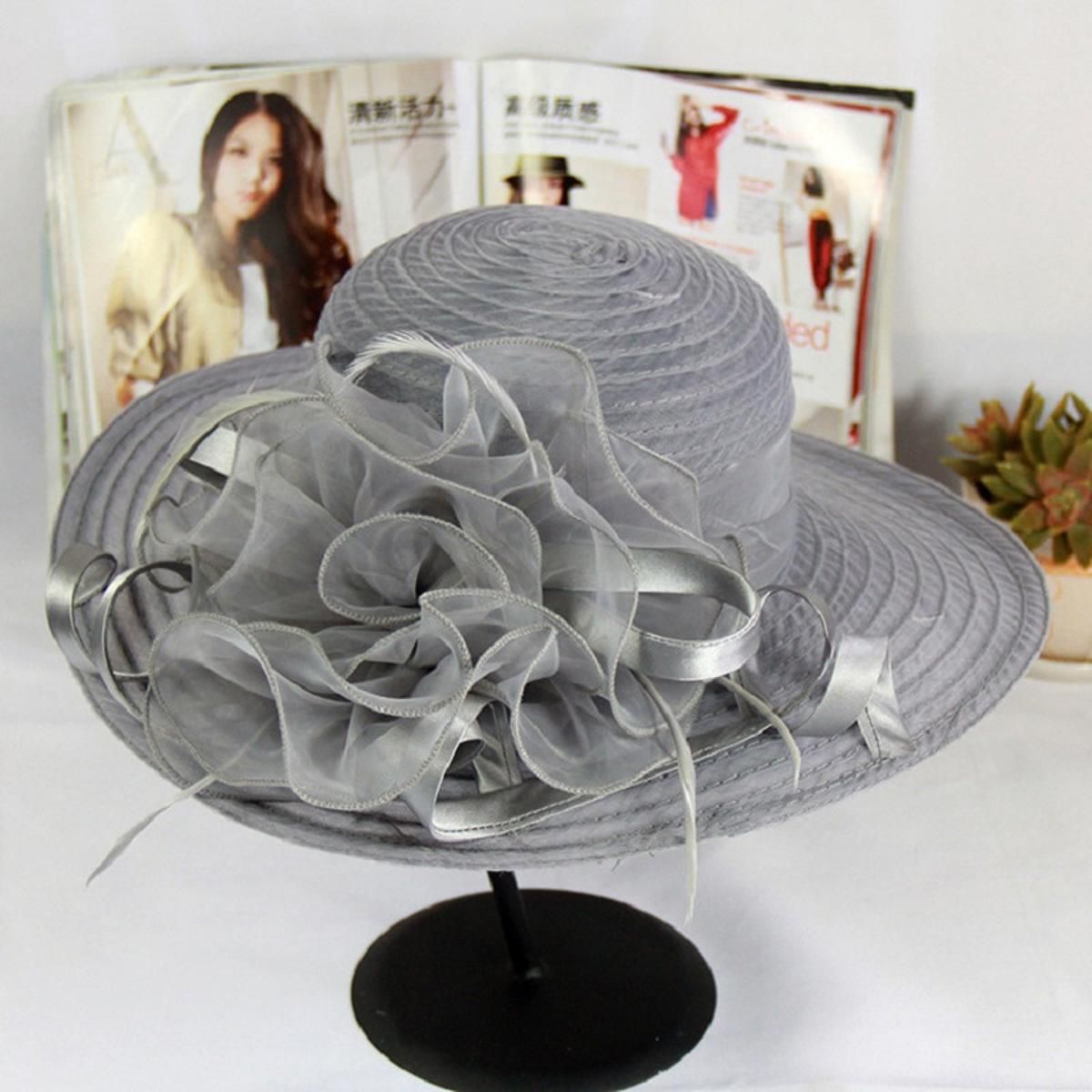 Red Women Charming Hat Wedding Kentucky Derby Hat Ladies Flower Hat Wide Brim T Organza Visor Cap