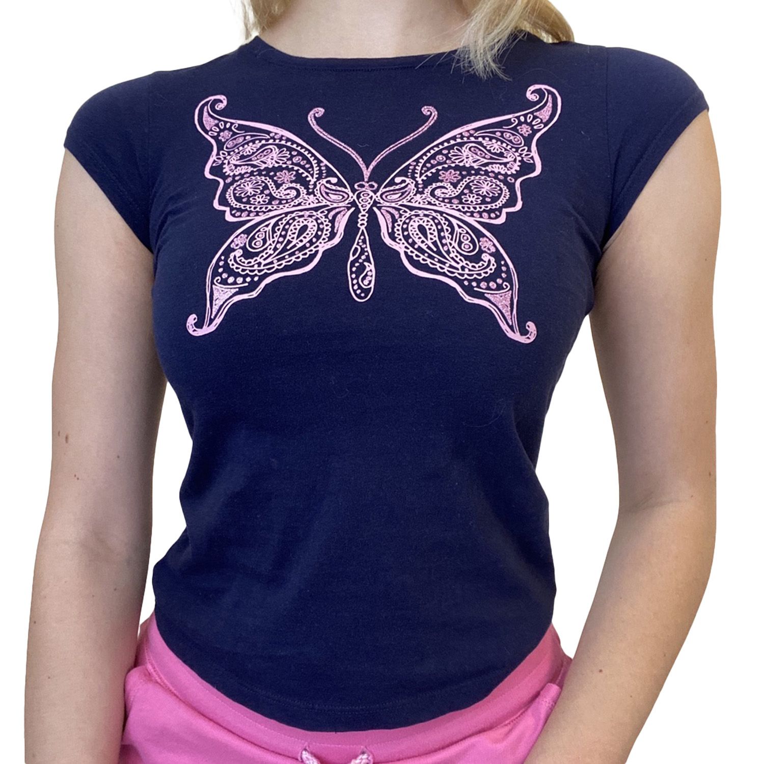 Women’s Casual Short Sleeve T-shirt Vintage Printing Round Neck Exposed Navel Slim Fit Tops