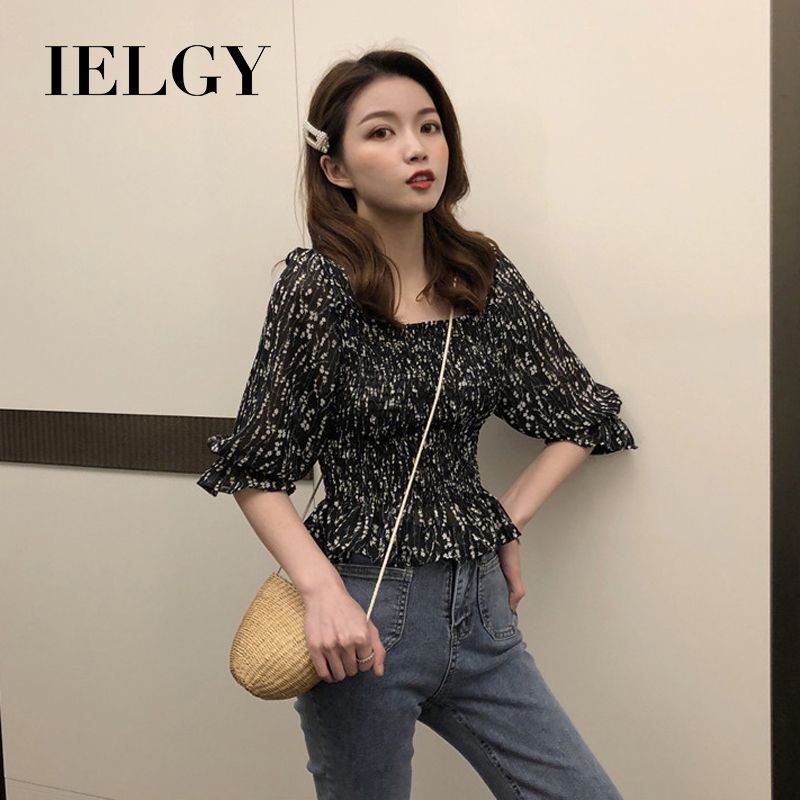 IELGY fashion shirt women's French retro waist was thin square collar floral short paragraph foreign style five-point sleeve chiffon shirt women