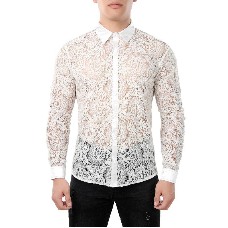 Men's Mesh See Through Fishnet Clubwear Shirts Slim Fit Long Sleeve  Lace Shirt Men Party Event Prom Transparent Chemise 2XL