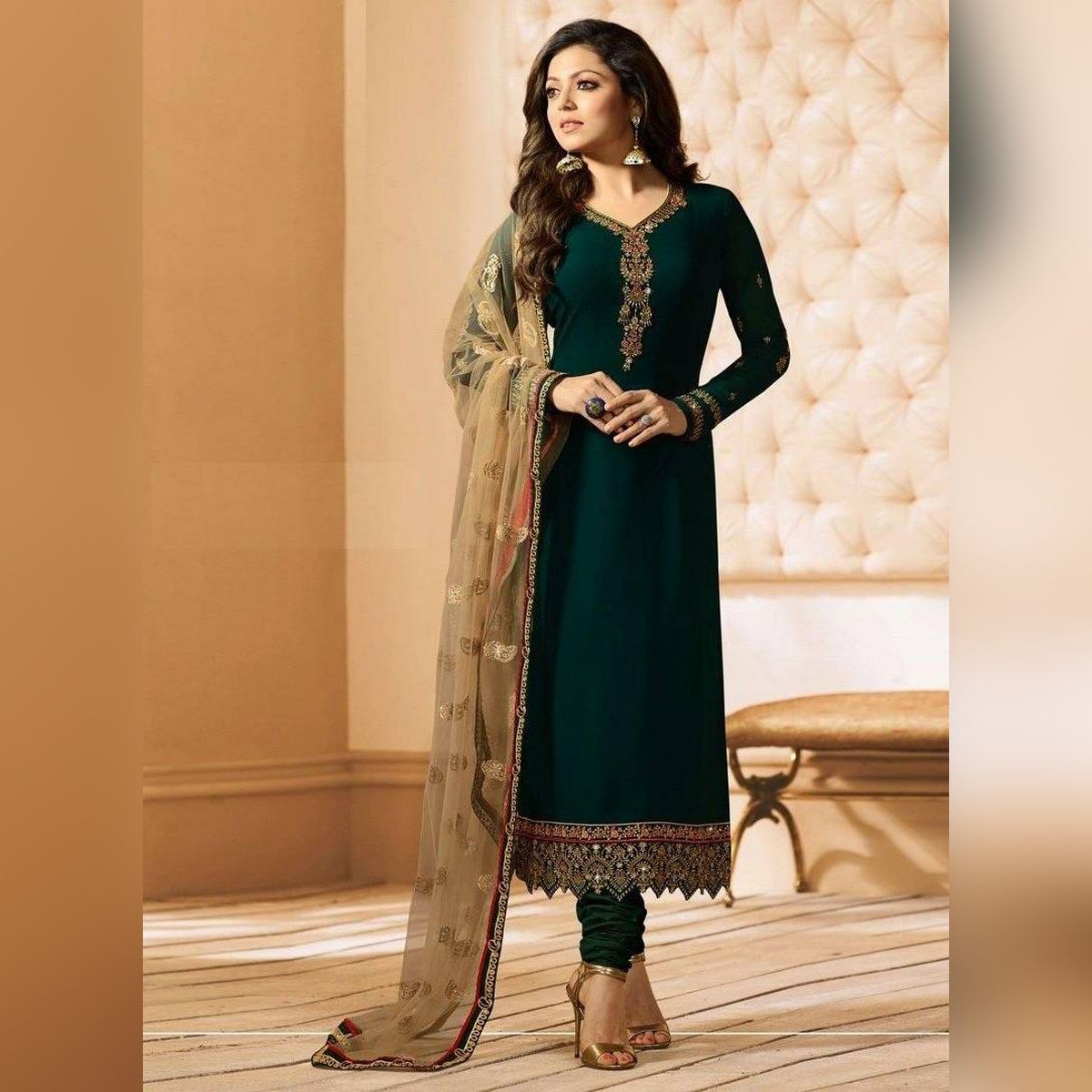 Unstitched Dark Green Georgette Salwar Kameez For Women