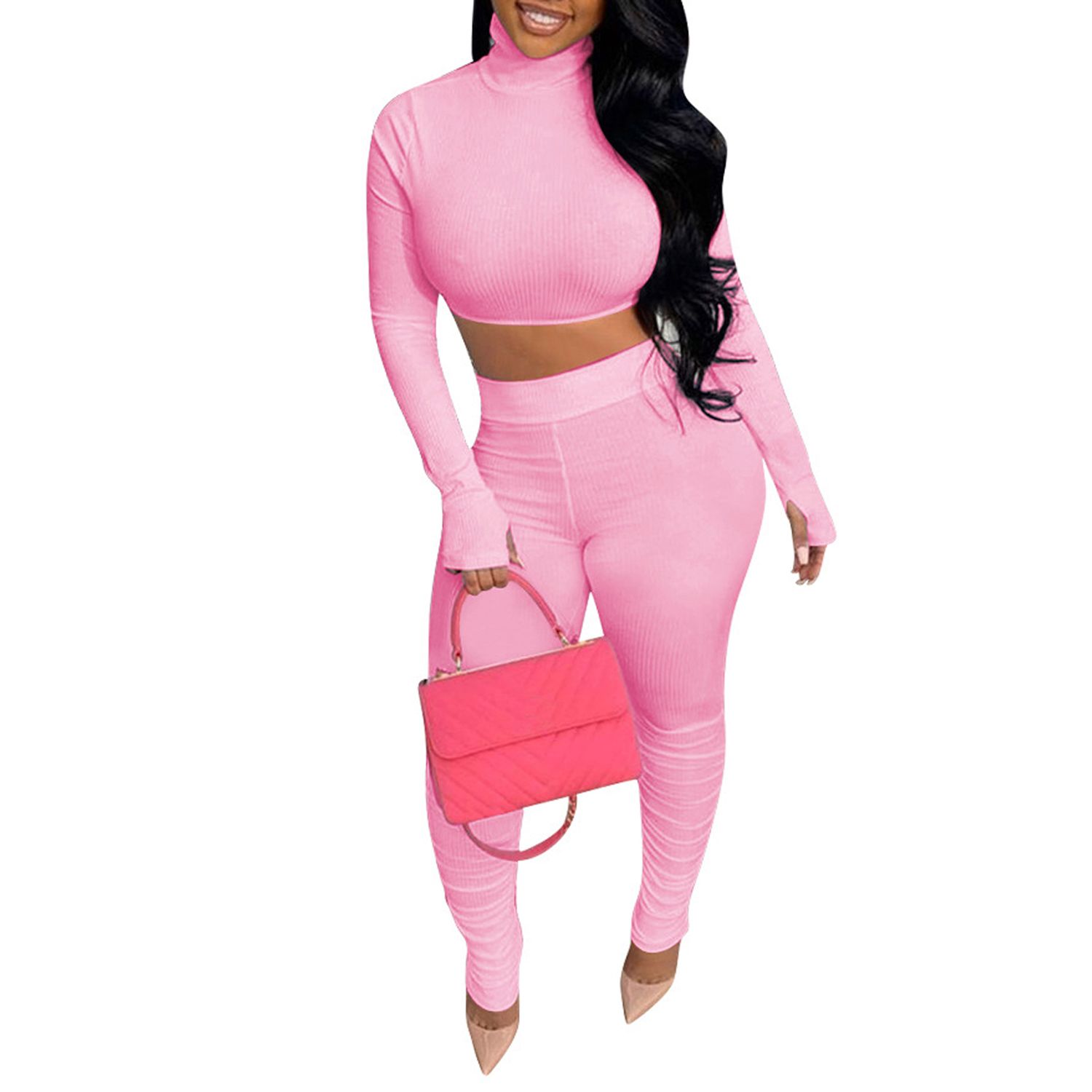 2021 2-Pcs Women's Long Sleeve Sportswear, Solid Color High Collar Elastic Crop Top with Thumb Hole, Tigh