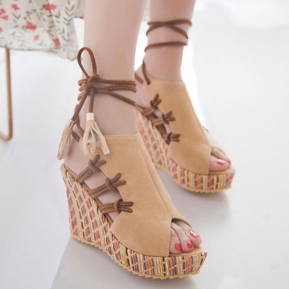 Korean Sandals for Women Women Bohemian Ethnic Fashion Open Toe Color Velvet Wedge Heel Strap Sandals Women Casual Flat Shoes Fashion Shoes Work