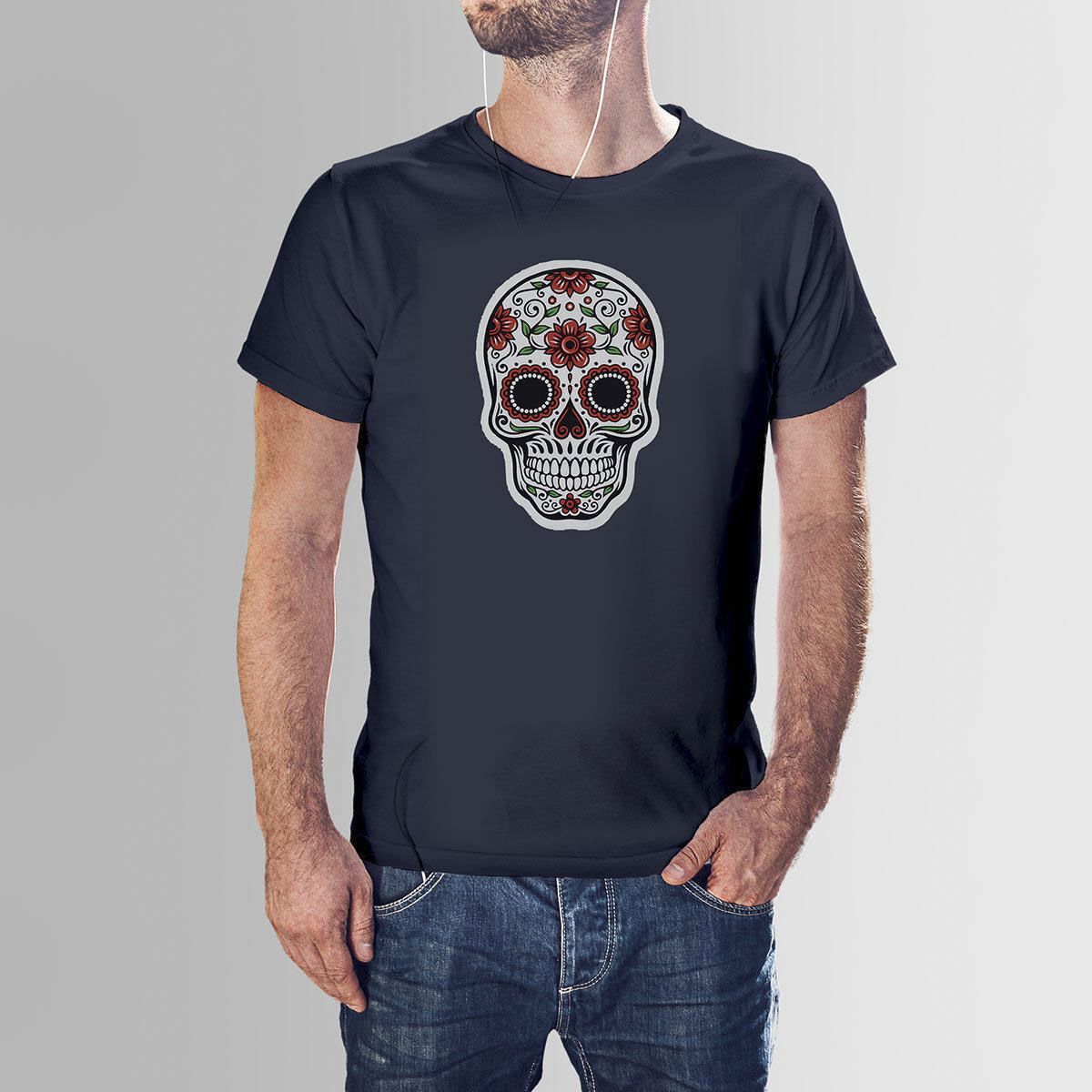 Navy Blue Cotton Colourful Skull HNH  T-shirt For Men